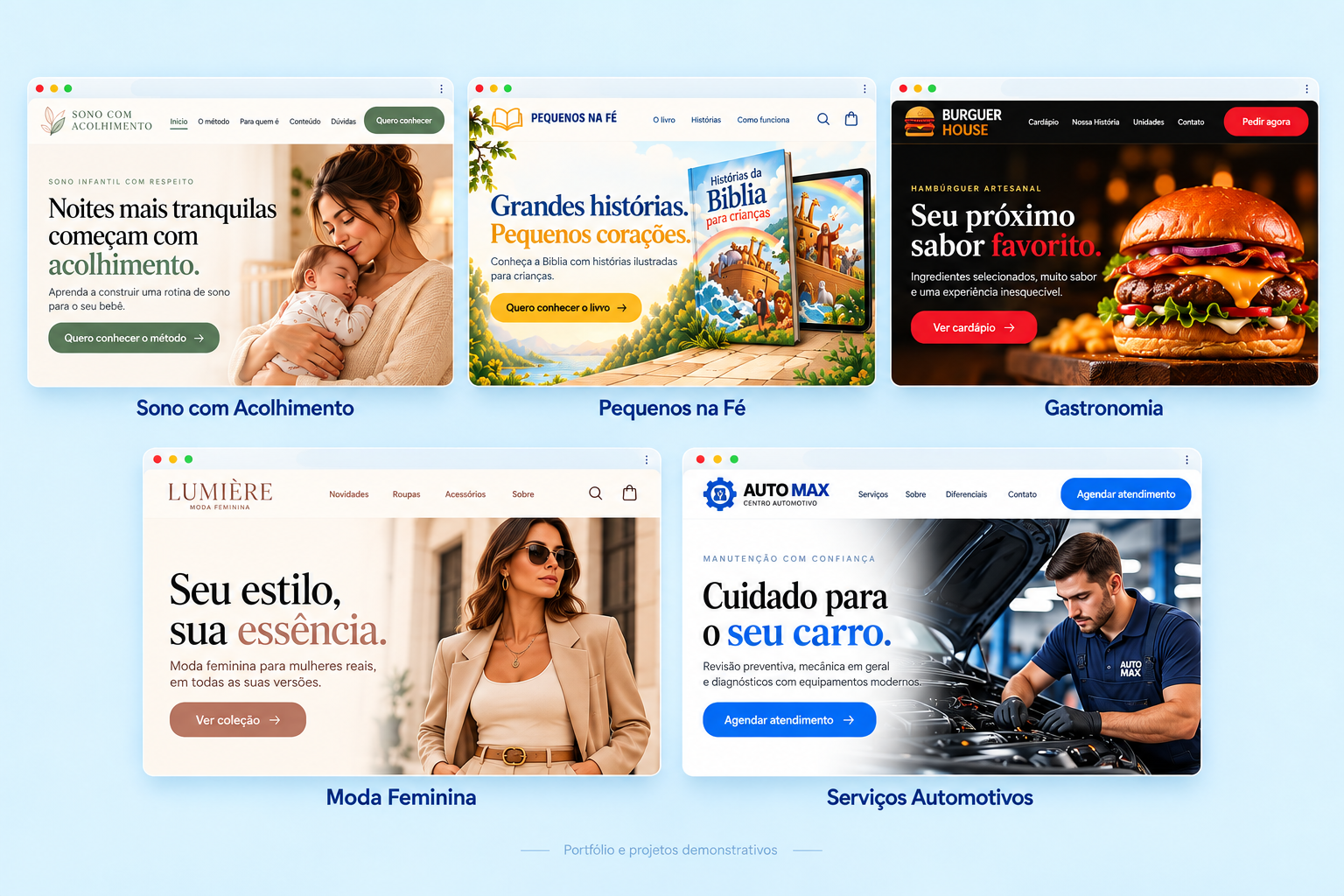 Sites criados pela BS Studio Digital: Sono com Acolhimento, Pequenos na Fé, Gastronomia, Moda Feminina e Serviços Automotivos