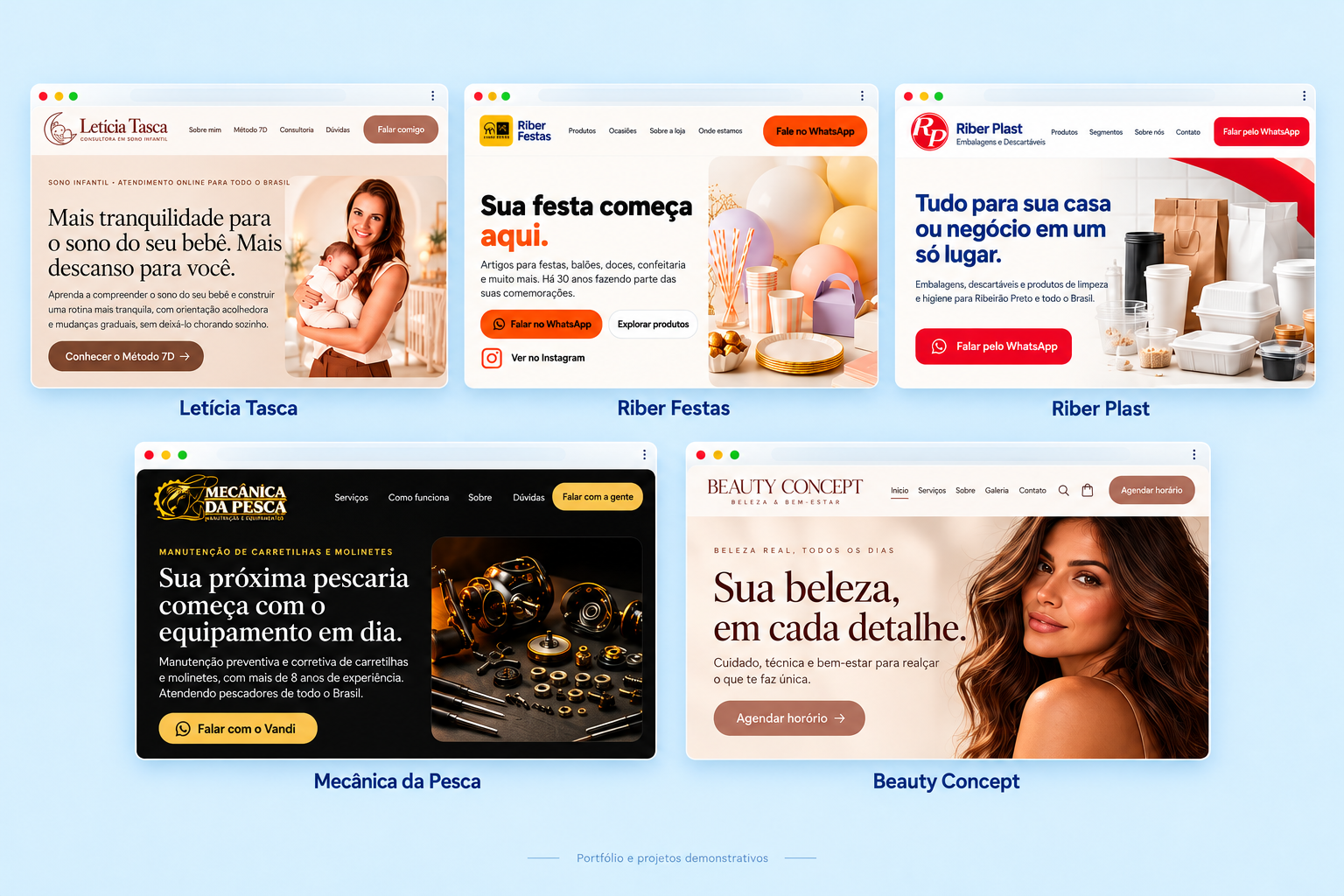 Sites criados pela BS Studio Digital: Letícia Tasca, Riber Festas, Riber Plast, Mecânica da Pesca e Beauty Concept