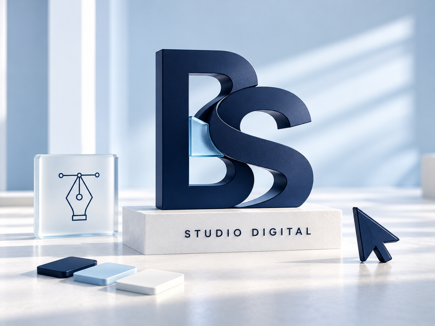 Monograma BS Studio Digital em 3D, com as cores da marca: azul-marinho, azul-claro e branco